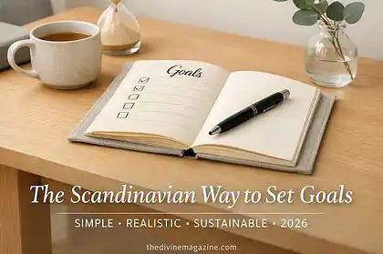 Scandinavian-style desk with goals planner, coffee, and greenery for 2026 goal setting.