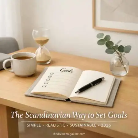 Scandinavian-style desk with goals planner, coffee, and greenery for 2026 goal setting.