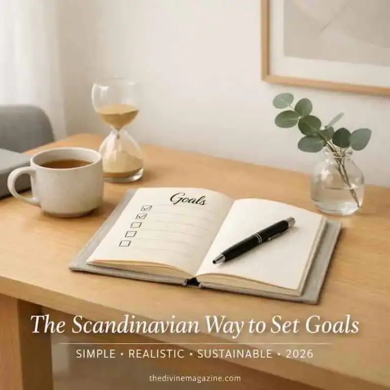 Scandinavian-style desk with goals planner, coffee, and greenery for 2026 goal setting.