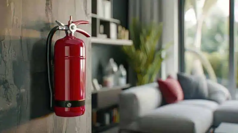 A red fire extinguisher mounted on a wall in a modern, cozy living room setting with a white sofa and large windows.