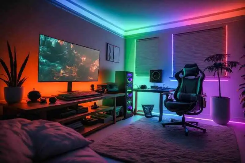 Colorful gaming room with RGB LED lighting, gaming chair, and tech equipment for gamers.