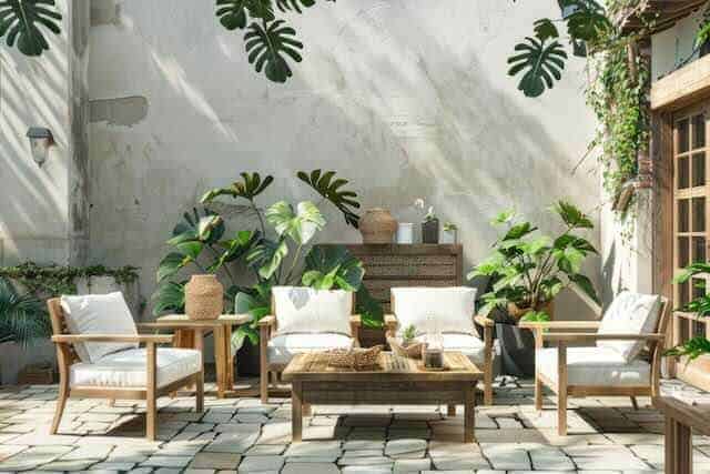 Sunny outdoor patio with white cushioned seating and lush green plants, perfect for relaxation.