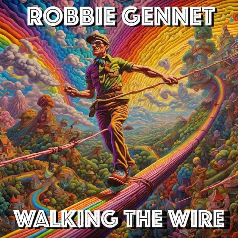 Vivid psychedelic artwork of Robbie Gennet walking a tightrope through a colorful, whimsical landscape.