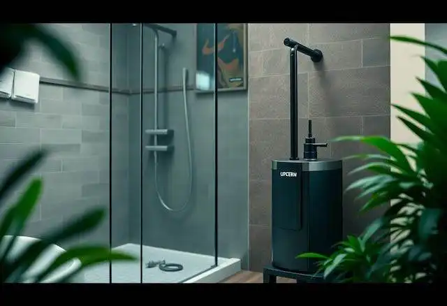 Modern shower area with glass enclosure, contemporary fixtures, and lush plant decor for a luxury bathroom experience.