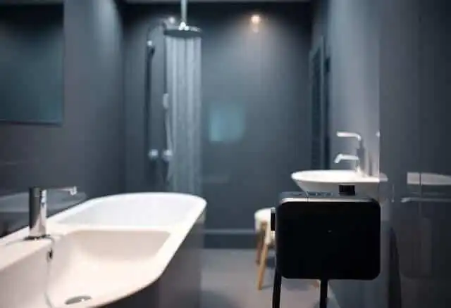 Modern bathroom with bathtub and shower for relaxation and wellness wellness bathroom decor.