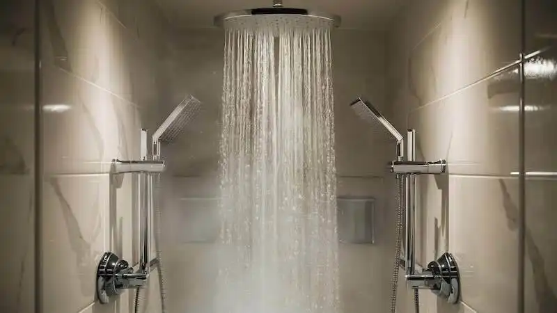 Modern shower with dual rainfall heads and sleek design in a luxurious bathroom setting.