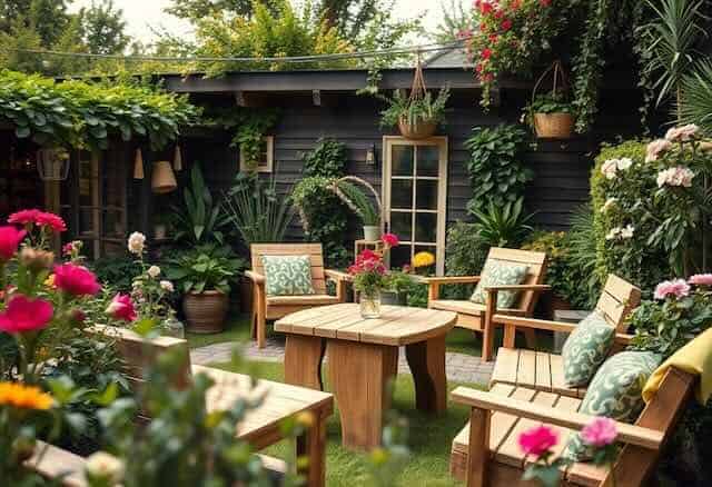 A peaceful outdoor garden space with wooden chairs, lush greenery, colorful flowers, and inviting ambiance.