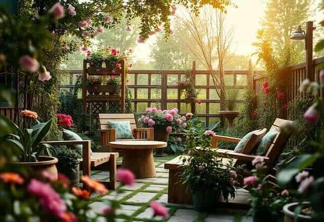 A peaceful garden patio featuring colorful flowers, wooden furniture, and soft sunlight.