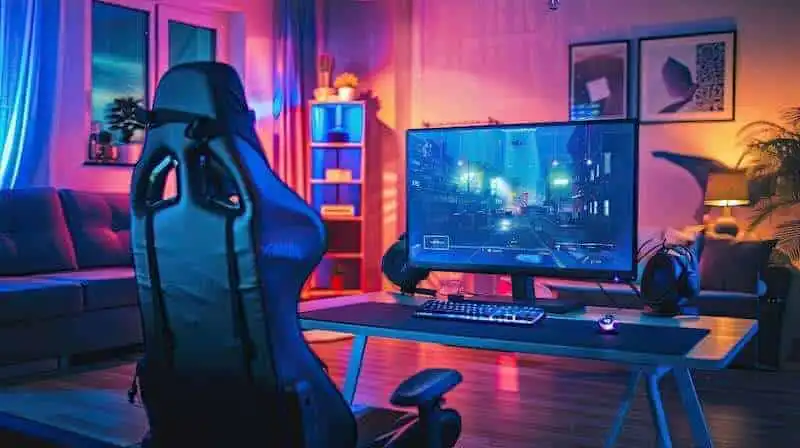 High-tech gaming room with gaming chair, large screen, and colorful ambient lighting.