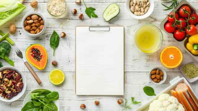 Vibrant healthy food ingredients including vegetables, nuts, and fresh herbs on a rustic table.