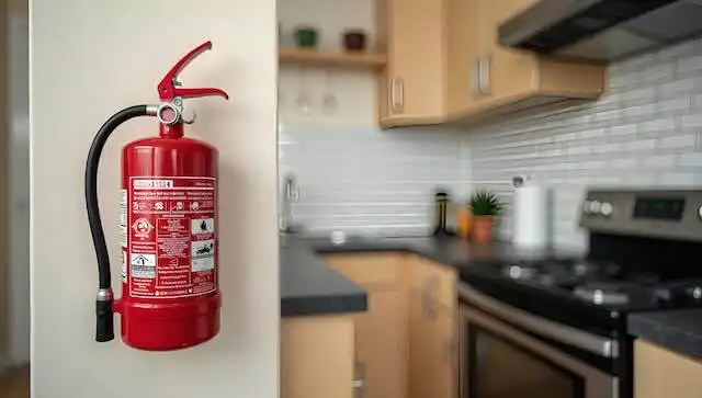 Close-up of a red fire extinguisher mounted in a modern kitchen for safety preparedness.