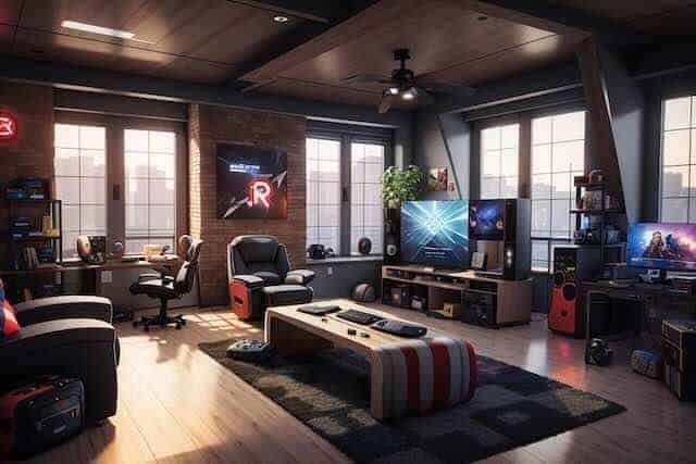 A stylish gaming and entertainment room featuring multiple screens, gaming consoles, and cozy seating in a contemporary setting.