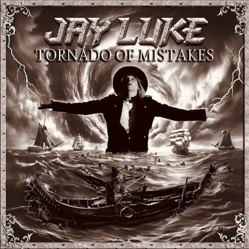 Stormy sea and ships with tornado, featuring Jay Luke in dramatic pose, for music and album promotion.
